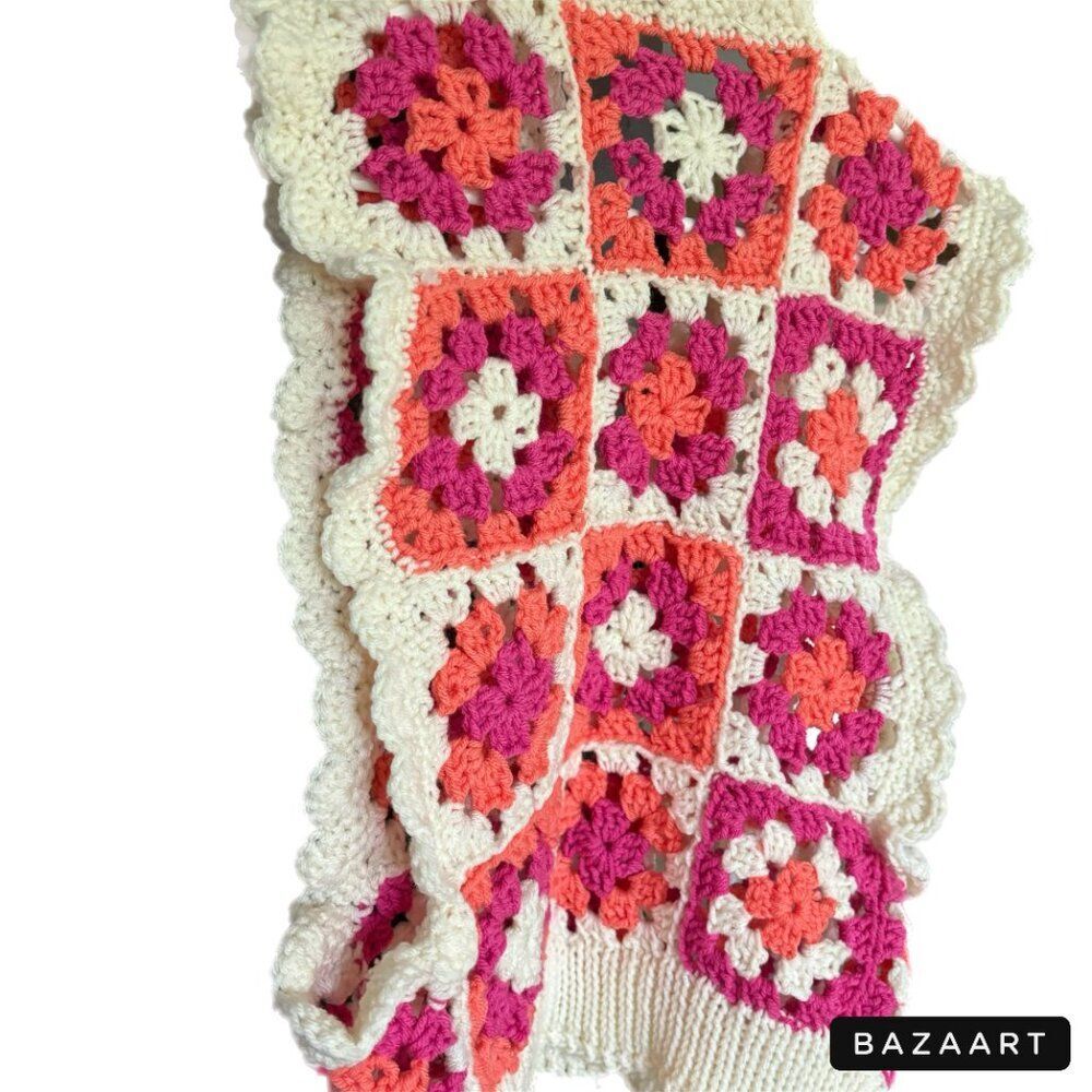 Vest Women S/M Granny Square Pink Orange White Crochet Light Spring - Picture 6 of 13